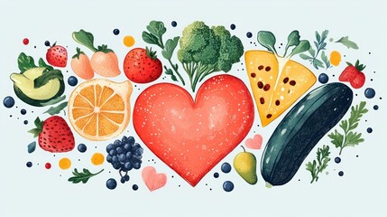 Flat vector of a various fruits, vegetables and whole grains in a healthy heart concept