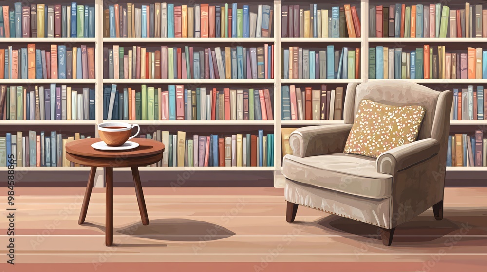 Poster a comfortable armchair with a cushion and a side table with a cup of tea sits in front of a large bo