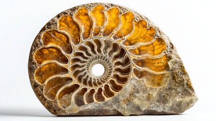 A beautiful ammonite fossil, preserved in stone, stands out against a white background. This ancient shell belonged to a type of extinct sea creature.