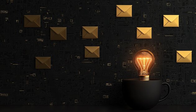 A creative concept featuring a glowing light bulb and envelopes, symbolizing ideas and communication in a digital age.