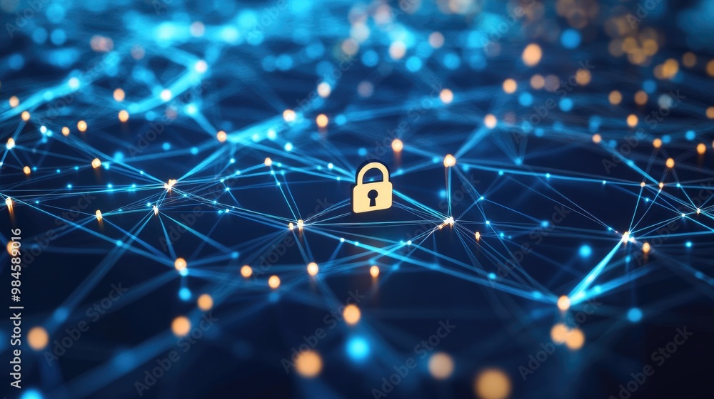 Poster a digital network security concept with a lock icon superimposed over a web of connections, emphasiz