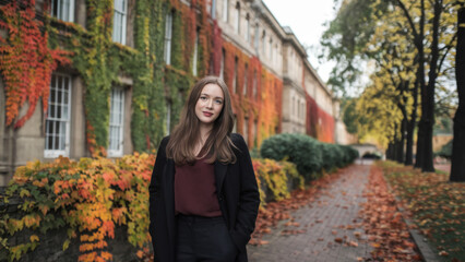 A woman stands in front of an ivy-covered building during autumn. The scene captures the essence of the fall season and natural beauty of ivy on historical architecture.