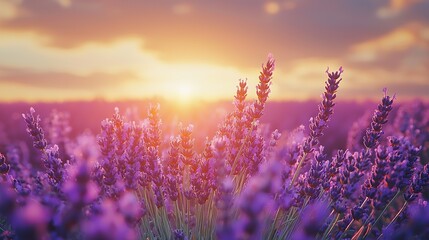 Obraz premium Lavender field at sunset with a golden glow.