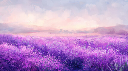 A serene lavender field with soft purple blooms swaying gently in breeze, creating tranquil and picturesque landscape. soft hues blend beautifully with sky