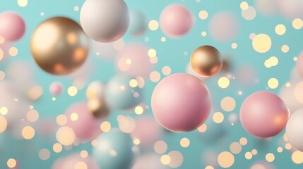 An abstract composition of colorful spheres floating against a soft blue background, creating a whimsical and festive atmosphere.