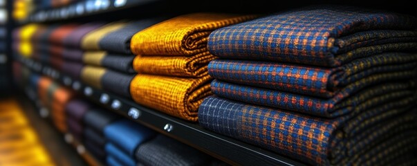 A neatly organized display of folded fabric showcasing a variety of vibrant patterns and colors aligned on shelves in a textile store