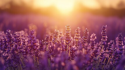 Obraz premium Lavender field at sunset with warm, golden light.