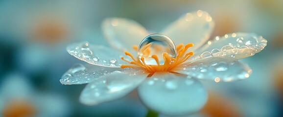 Fototapeta premium A single white flower with a large water droplet on the center of the blossom.