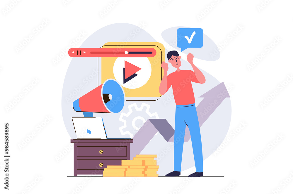 Leinwandbilder video marketing concept in modern flat design for web. man creating advertising video content, posti