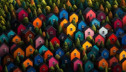 Obraz premium A vibrant aerial view of colorful houses nestled among lush trees, showcasing charm and diversity in architecture and design.