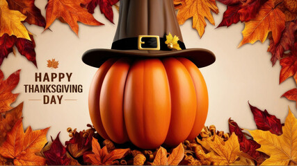 Thanksgiving day banner. Holiday background with realistic 3d orange pumpkin in pilgrim hat, autumn leaves. AI generated