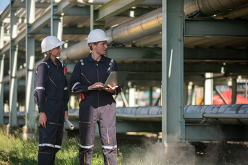 Engineers survey team wear uniform and helmet stand workplace holding a laptop and pointing into the distance, inspection discuss or plan work construction site with pipe oil refinery is industry