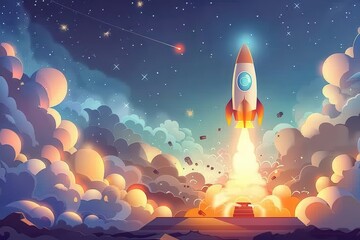 Obraz premium A rocket is launching into space with a bright orange and white color scheme