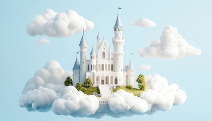 A whimsical castle floating in clouds, surrounded by blue sky, evoking a sense of fantasy and magic.