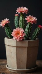 Pixel art cactus with pink flowers in a pot.