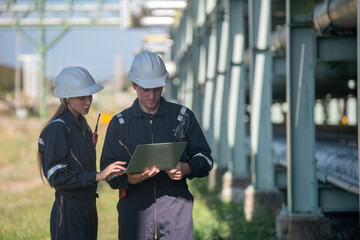 Engineers survey team wear uniform and helmet stand workplace holding a laptop and pointing into the distance, inspection discuss or plan work construction site with pipe oil refinery is industry