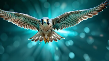 Fototapeta premium Majestic Falcon in Mid-Flight Against Sparkling Background