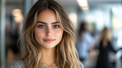 Fototapeta premium A young woman with long blonde hair and captivating blue eyes stands confidently in a modern, well-lit office environment with a subtle smile, showcasing her natural beauty