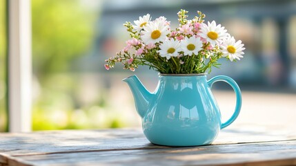Fresh Flowers in Blue Teapot on Rustic Table