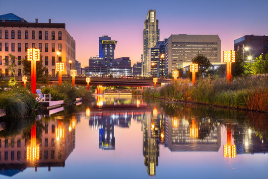 Omaha, Nebraska, USA. Cityscape image of downtown Omaha, Nebraska at beautiful autumn sunset.