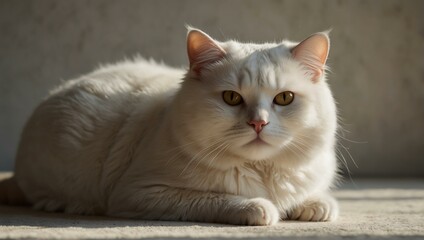 Plump white cat basking in gentle light against a bright background.