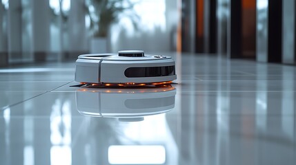 A white robot vacuum cleaner is cleaning the floor in a modern office building.