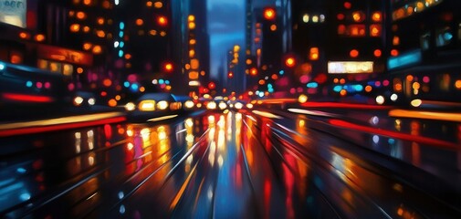 Obraz premium Impressionist painting of a bustling city street at night, vibrant lights reflecting off wet pavement, loose brushstrokes capturing movement and energy, dynamic and colorful