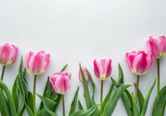 Obraz premium Pink tulips with green leaves arranged on a minimalistic white background