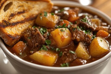 Hearty Beef Stew with Potatoes in Crock Pot and Side of Toast