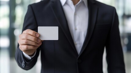 Fototapeta premium Confident Businessman Presenting Blank Business Card in Modern Office - Professional Male in Tailored Suit Showcasing Authority and Style in Minimalist Setting