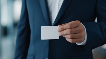 Confident Businessman in Midnight Blue Suit Holding Business Card - Elegant Boardroom Setting with Formal Attire and Symbolic Gesture
