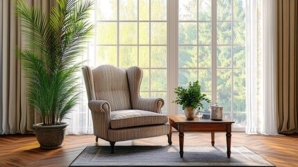 A comfortable armchair sits in a sunny living room with a large window, wooden floor, and a side table with a plant.