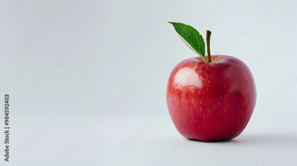 Poster shiny red apple with single leaf on isolated white background for product display copy space