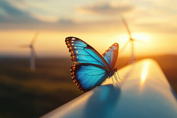 Obraz premium Vibrant Blue Butterfly Overlooking Wind Turbines at Sunset for Sustainability