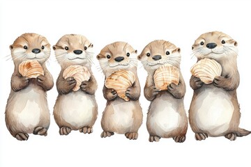 Five cute otters holding shells, showcasing their playful nature and charm in a whimsical, colorful illustration.