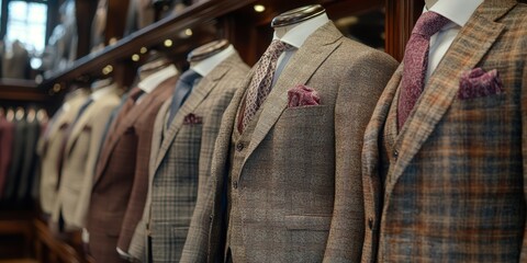 A sophisticated display of elegantly tailored suits in a high-end clothing store showcasing a variety of styles and fabrics designed for discerning clientele