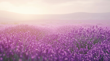 Fototapeta premium Lavender fields fading into soft horizon create serene and tranquil atmosphere, inviting viewers to immerse themselves in beauty of nature