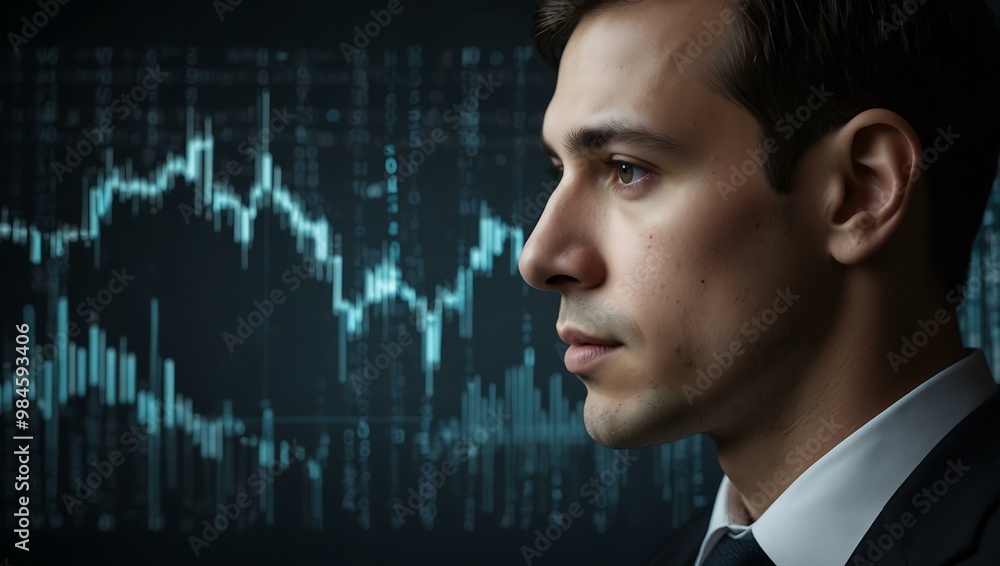 Poster profile of a man with data graphics, symbolizing finance and technology.