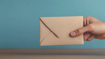 A hand holds a brown envelope against a turquoise background, symbolizing communication, messages, and personal connections.