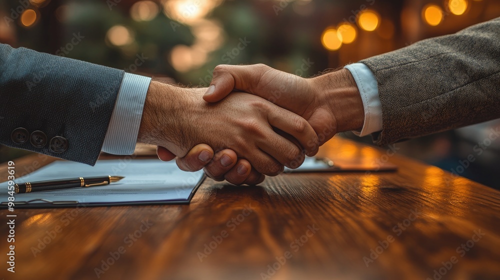 Poster close-up of a handshake between two men in suits over a signed document