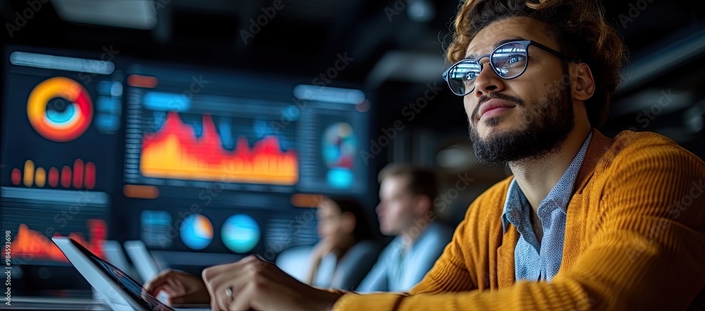 Poster man in glasses analyzing data on a computer screen