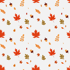 A simple fall pattern in a flat style with colorful leaves and fall details arranged in a repeating design. Background for textile, fabric, cotton fabric, covers, wallpaper, print, gift wrapping.