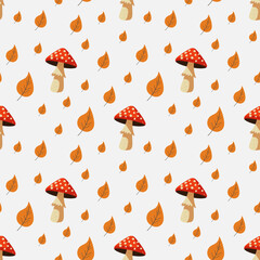 A simple fall pattern in a flat style with colorful leaves and fall details arranged in a repeating design. Background for textile, fabric, cotton fabric, covers, wallpaper, print, gift wrapping.