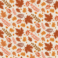 A simple fall pattern in a flat style with colorful leaves and fall details arranged in a repeating design. Background for textile, fabric, cotton fabric, covers, wallpaper, print, gift wrapping.