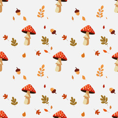 A simple fall pattern in a flat style with colorful leaves and fall details arranged in a repeating design. Background for textile, fabric, cotton fabric, covers, wallpaper, print, gift wrapping.