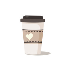 A minimalist flat-style illustration of a to-go coffee cup on a white background. The cup features a simple design with a lid and a brown sleeve, emphasizing a clean and modern aesthetic.