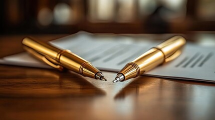 Two Gold Pens Resting on a White Document