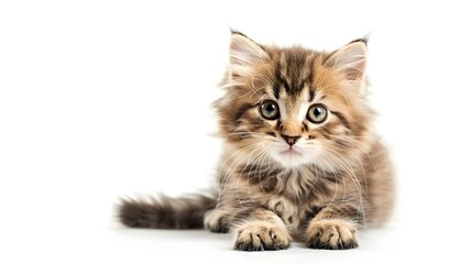 Playful Fluffy Kitten Sitting on a Pure White Background with Copyspace