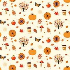 A simple autumn pattern in flat style featuring colorful leaves arranged in a repeating design.Background for textiles, fabrics, cotton fabric, covers, wallpaper, print, gift wrapping, postcard.Not II