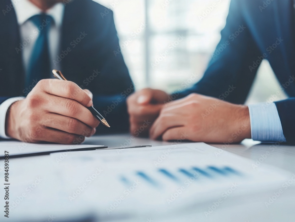 Poster two business professionals discussing over documents with financial graphs on a table, focusing on c